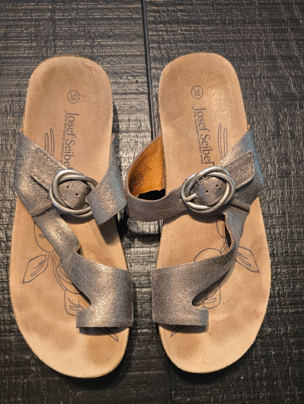 Josef Seibel Pewter Metallic Buckle Slide Sandals